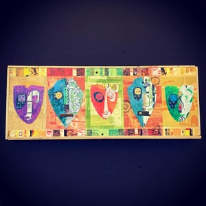 Collage di arte moderna con tecnica mista d'arte con maschere colorate