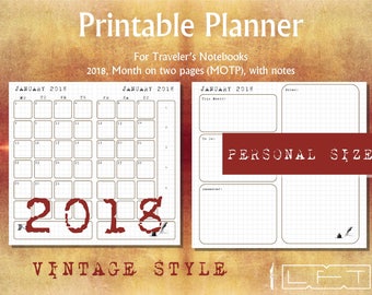 PS 2018 MOTP, Vintage style, Month on two pages printable diary insert for Traveler's Notebook
