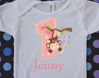 1st Birthday Shirt for Girls Monkey Pinwheel Party First Year Cake Smash Photo Prop Outfit with Child's Name TShirt