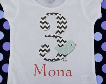 Chevron Number Three | 3rd Birthday Shirt with Blue Bird | Cute Black & White Celebration T-Shirt for Little Girls | Personalized with Name