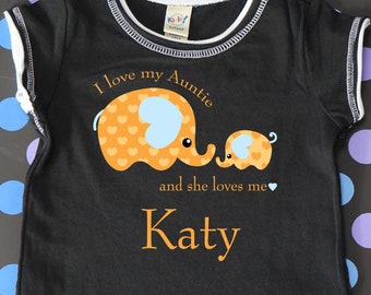 I Love My Aunt Shirt  - Cute Orange Elephants on a Black T-Shirt with White Trim - I Love My Auntie and She Loves Me