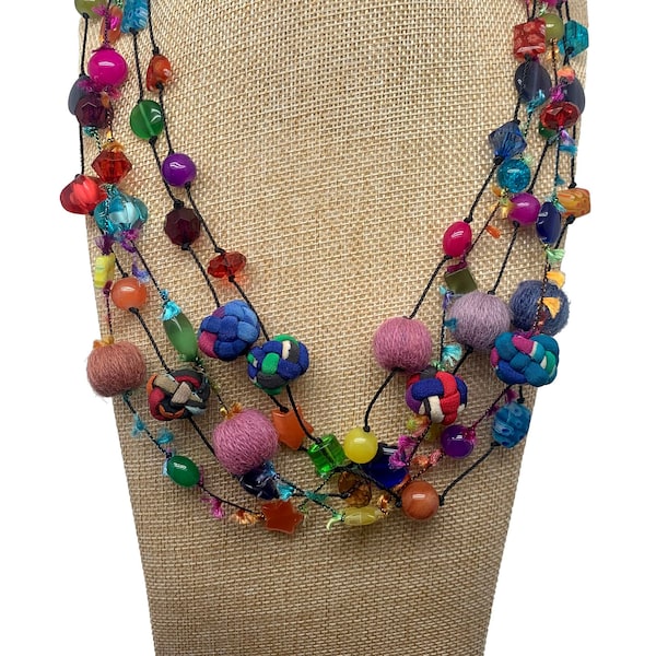 Women’s Handmade Bright Adjustable 5 Strand Fiber Necklace with Non-Precious Bead Accents and Hand Dyed Yarns- LRW DESIGNS