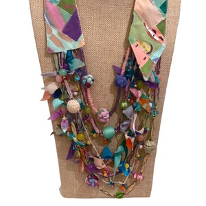 Women’s Pastel Multi Strand Beaded Waterfall Collar Scarf Necklace from Recycled Hand Painted Cotton Fabrics – LRW DESIGNS