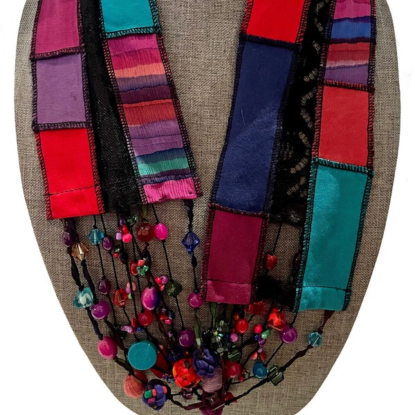 Women's Recycled Hand Painted Silk Infinity  Patchwork Scarf Necklace with Non-Precious Bead Accents, Jewel coloration - LRW DESIGNS