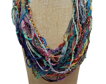 Handmade Multi Strand Adjustable Fiber Necklace: Assorted Multi Colored Yarns