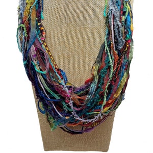Women’s Handmade Bright Adjustable Multi Strand Fiber Scarf Necklace with Hand Dyed Yarns and Assorted Ribbons – LRW DESIGNS