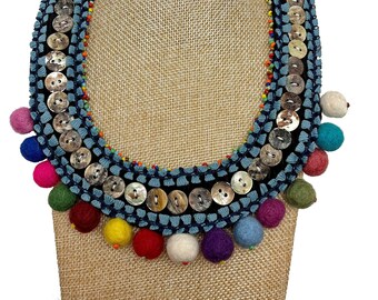 Women’s Handmade Multicolored Collar Statement Necklace with Recycled buttons, felt beads and tassel trim – LRW DESIGNS