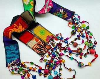 Women's Recycled  Kantha Quilted Cotton Sari Fabric Skinny Scarf Necklace with Non-Precious Bead Accents - Multi Colored- LRW DESIGNS