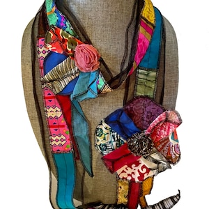 Handmade Tulle Scarf with Recycled Fabric Flowers – Colorful Collage Design