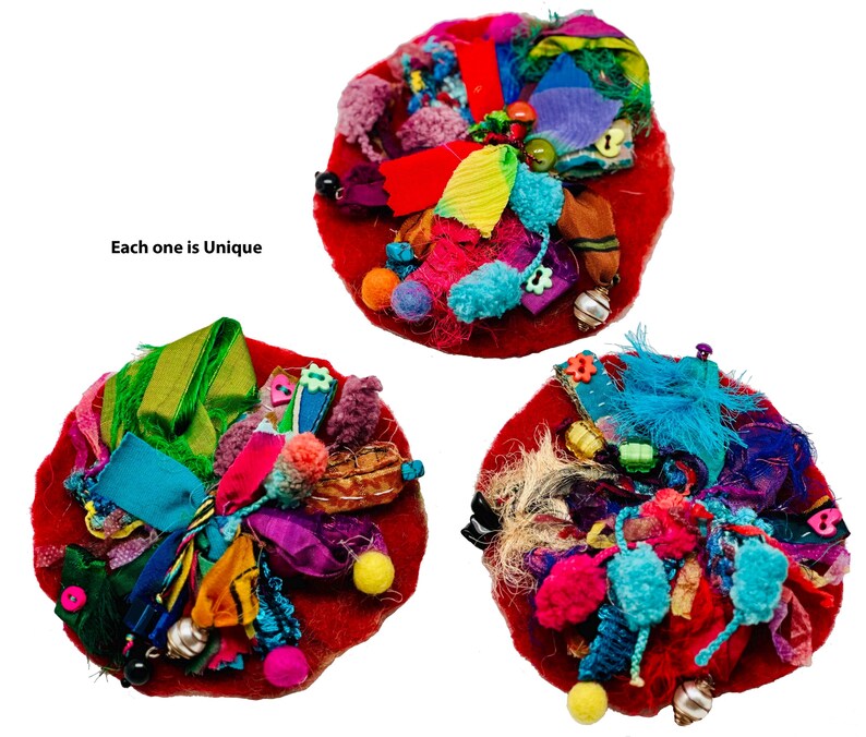May include: Three red felt circles with colorful fabric scraps, beads, and embellishments. Each one is unique.
