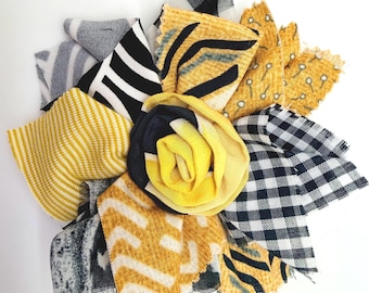 Handmade Flower Brooch Pin made from Recycled Fabrics, Yellow, Black - LRW DESIGNS