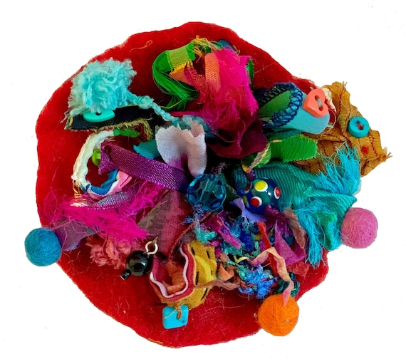 Handmade Felt Flower Brooch, Recycled Fabric Art, Button and Bead Embellished