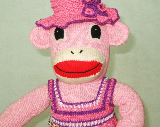 Pink Sock Monkey Stuffed Toy Doll Plushie Pink and Purple Crochet Dress
