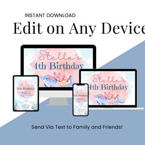 May include: A digital invitation design for Stella's 4th birthday, displayed on a computer monitor, tablet, and smartphone. The design features a dolphin, coral, and the text "Stella's 4th Birthday". The invitation is available for instant download and can be edited on any device.