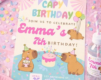 Cute Capybara Birthday Invitation - Canva Digital Download - Printable Birthday Invite - 5"x7" & Mobile Template