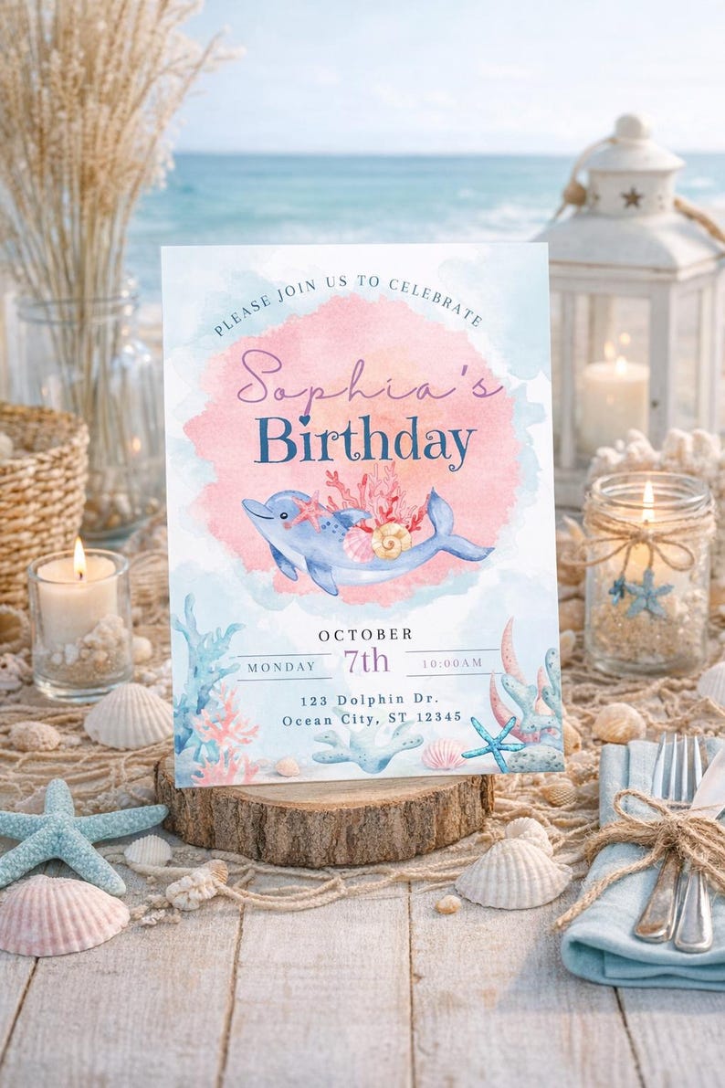 May include: A birthday invitation with a watercolor design featuring a blue dolphin, coral, and seashells. The invitation reads "Sophia's Birthday" and includes the date, time, and location. The invitation is set on a wooden slice with a beach theme.