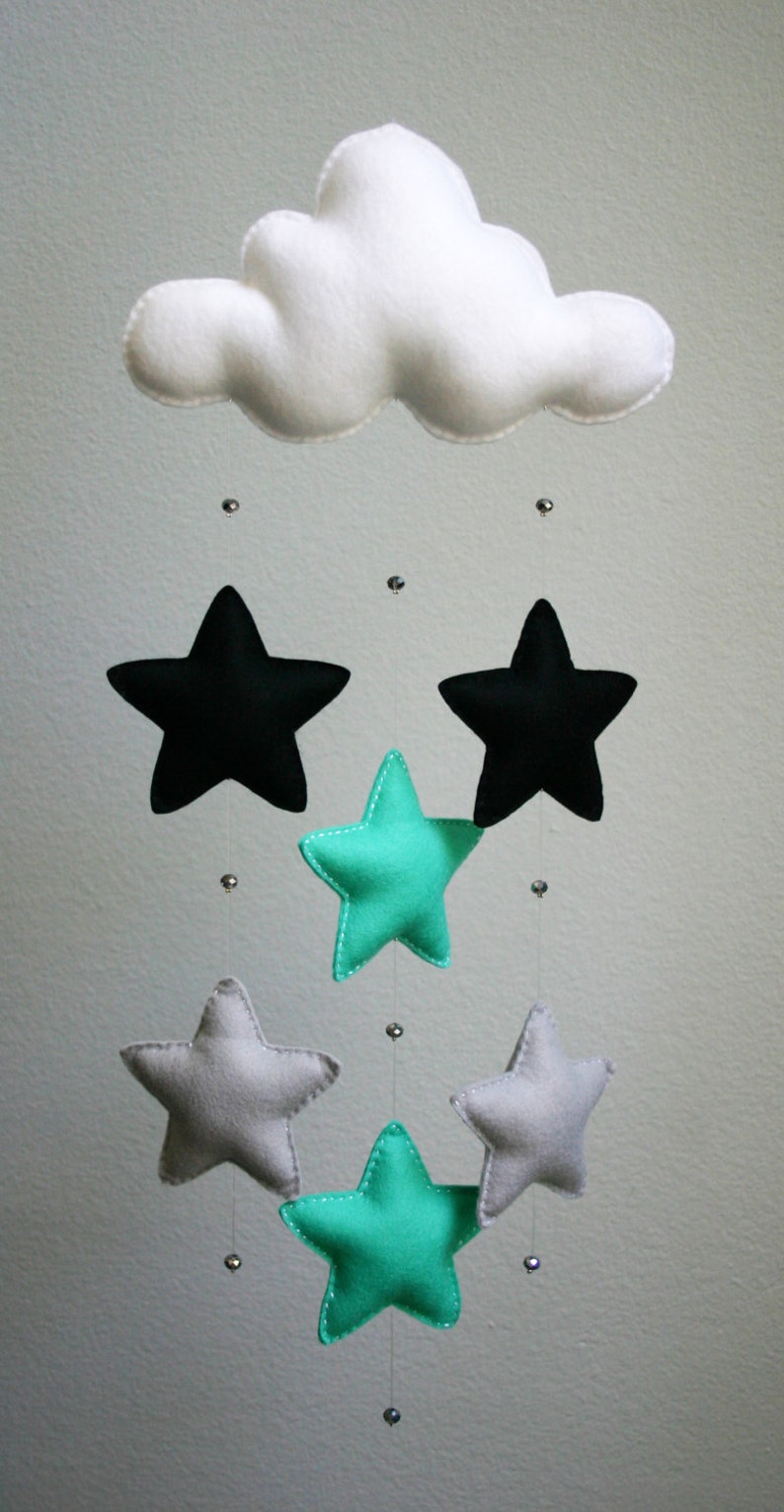 Modern Felt Baby Mobile White Cloud With Black Aquamarine Etsy