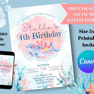 May include: A printable 5x7 inch birthday invitation with a watercolor design. The invitation features a dolphin, coral, and the text "Stella's 4th Birthday." Includes a mobile version. The invitation is available for instant download.