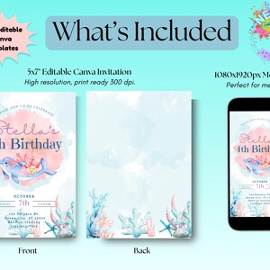 May include: A digital invitation template for a 4th birthday party. The design features a watercolor dolphin, coral, and starfish in shades of blue, pink, and peach. Includes a 5x7" invitation and a mobile invite.