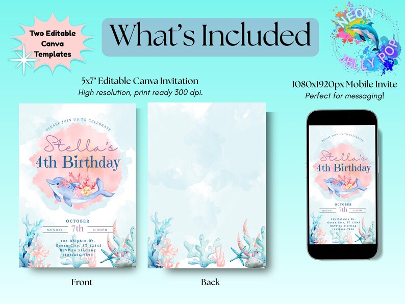 May include: A digital invitation template for a 4th birthday party. The design features a watercolor dolphin, coral, and starfish in shades of blue, pink, and peach. Includes a 5x7" invitation and a mobile invite.