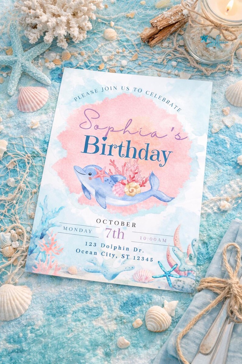 May include: A birthday invitation featuring a watercolor design with a dolphin, coral, and seashells. The invitation reads "Sophia's Birthday" with the date, time, and location. The invitation is surrounded by seashells and starfish.
