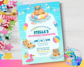 Capybara Pool Party Invitation - E-vite - Canva Digital Download - Printable Birthday Invite - 5"x7" & Mobile Template