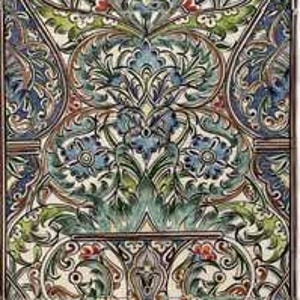 May include: A rectangular, ornate tile panel with a symmetrical floral design. The artwork features a cream-colored background with intricate patterns in shades of blue, green, red, and brown. The design includes stylized flowers, leaves, and swirling motifs.