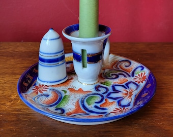 Ceramic chamberstick with snuffer - Hand painted with gold, blue, green, and orange Porcelain antique ironstone