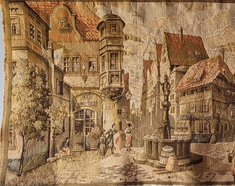 Jaquard Tapestry Wall Hanging, Village Center With Fountain