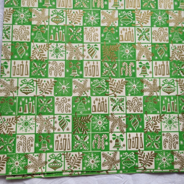 MCM Wrapping Paper - Green and gold white Retro Christmas gift wrap - 1 sheet - Christmas holiday crafting flat fold Checkerboard squares