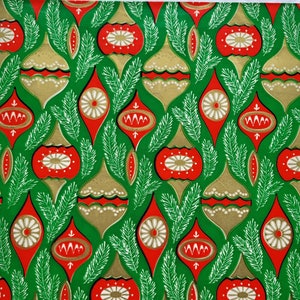 Ornaments Gift Wrap red green gold, MCM Retro Wrapping Paper - 1 sheet - Christmas holiday crafting flat fold, vintage paper decoupage