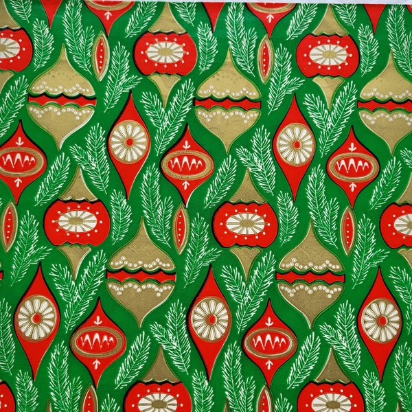 Ornaments Gift Wrap red green gold, MCM Retro Wrapping Paper - 1 sheet - Christmas holiday crafting flat fold, vintage paper decoupage