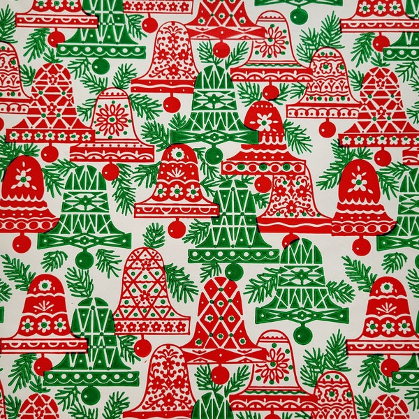 MCM Wrapping Paper Retro Christmas gift wrap - 1 sheet - Retro Christmas bells, holiday crafting stamped style flat fold red and green bells