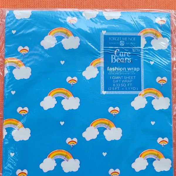 Vintage Wrapping Paper New unopened Hallmark Birthday gift wrap 8 square feet Carebears Clear blue sky with rainbows and clouds