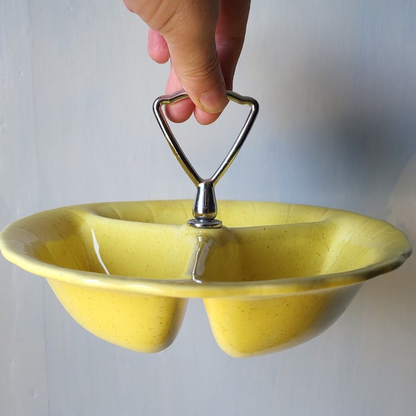 Snack Server Lane & Co Van Nuys CA yellow with silver handle. Veggie tray, appetizer dish MCM California Pottery.