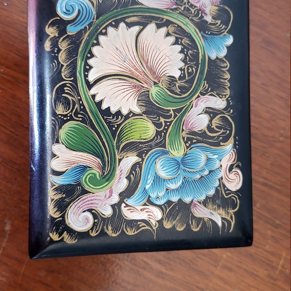 Lacquered Wooden Trinket Box, Floral Painted Jewelry Box, Handpainted black, blue, white, green, and gold. Hinged lid