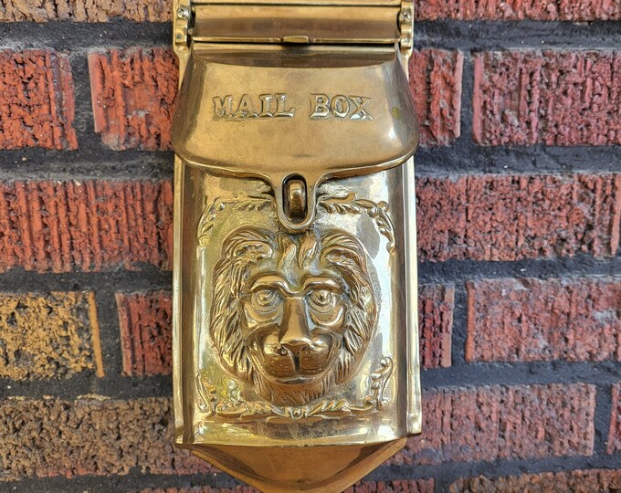 Brass Lion Mail Box Gold Tone 3D Lion Face, Mail Flap, Lockable Lid