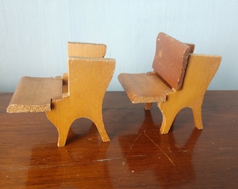 schoolhouse desks School Desk Wooden Writing Desk, Wood Vintage Dollhouse Furniture Miniature Handmade handcrafted 1:12 Fold up seat Set of 2 - child's desk