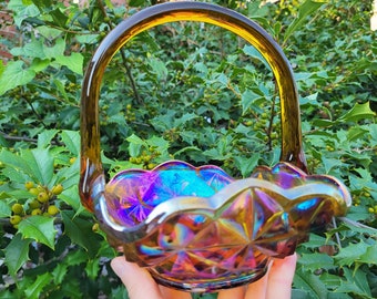 Indiana Glass Monticello pattern Square Basket, glass handle Orange red, amberina Carnival glass Orange rainbow sheen. Iridescent oil