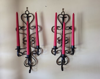 2 Wrought iron candelabra, 3 candle wall hanging, Spanish style Gothic, black flourish scroll metal welded, Hacienda Mexico Mission