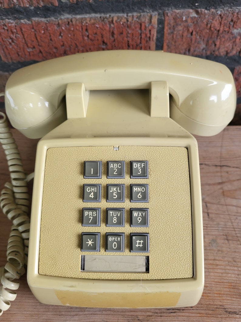 Starplus telephone, push button dial, beige landline Vintage old school office telephone, desktop phone with spiral cord, tabletop image 4