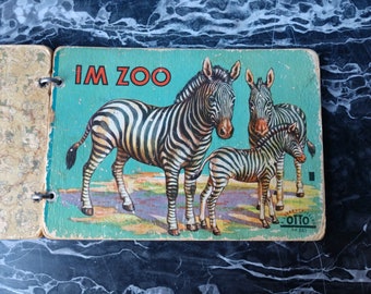 IM ZOO - At The Zoo, Vintage German Children's Picture Book. Hardback Animal Board Book Germany zebra elephant lion tiger