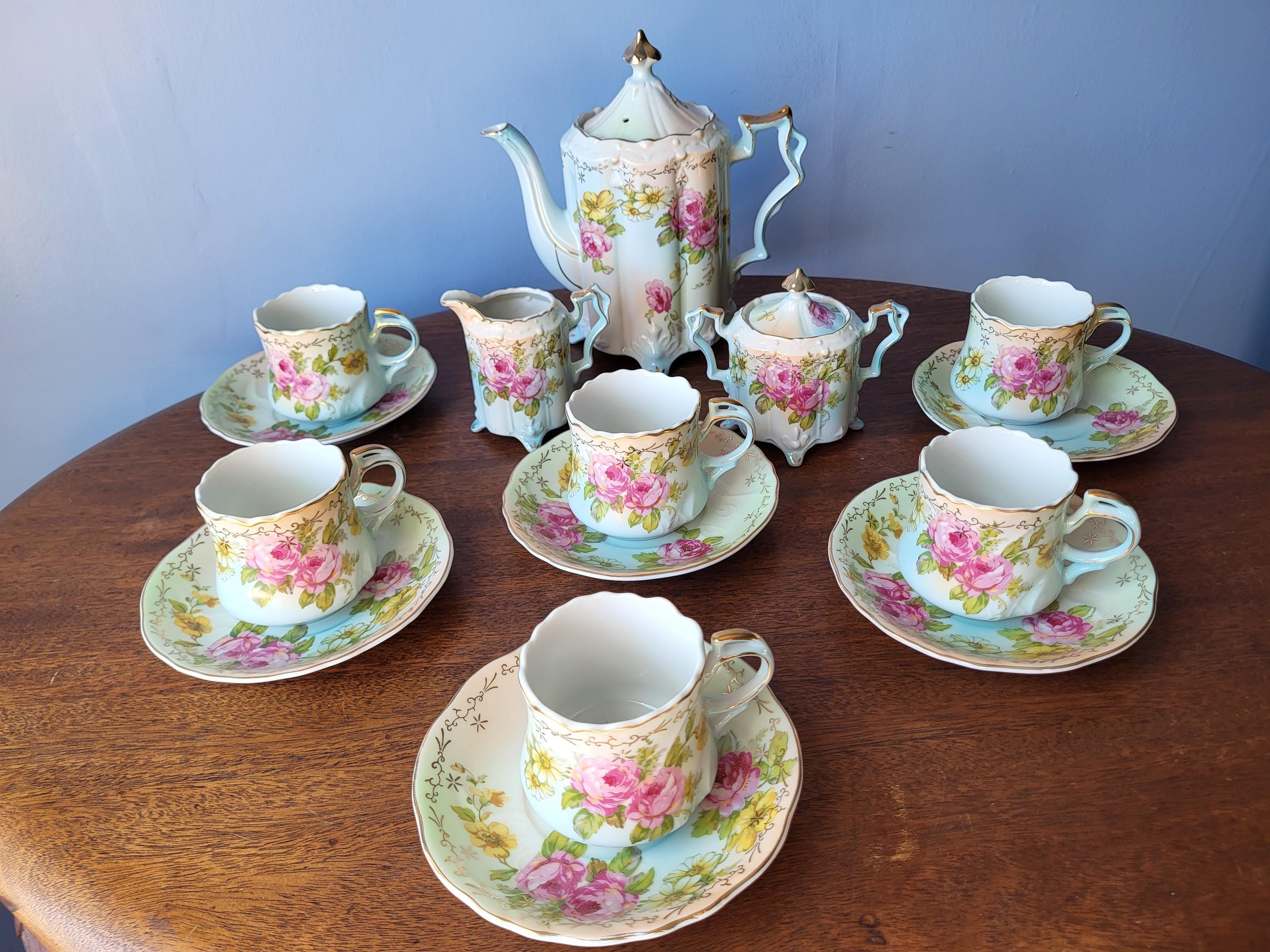 Fancy Tea Set for 6 RS Prusia Porcelain Blue Wave Ornate Handles