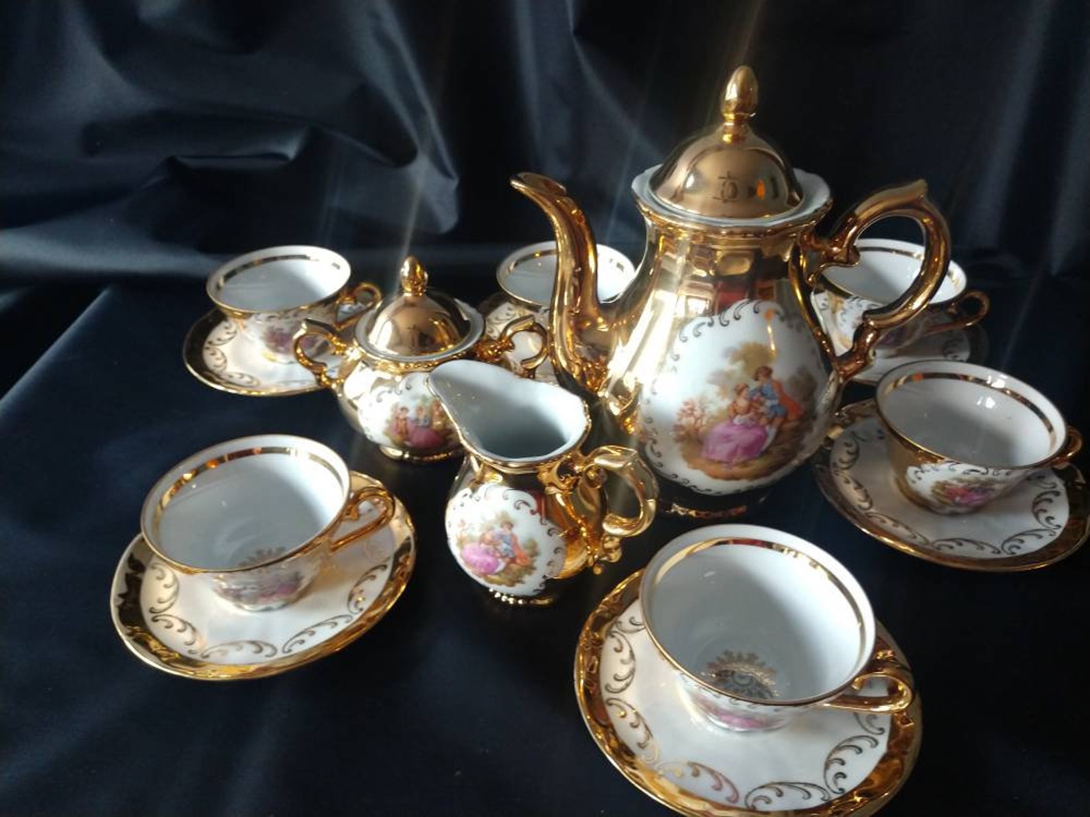 24K gold Tea Set Vintage Gloria Germany 17 pieces Demitasse Etsy