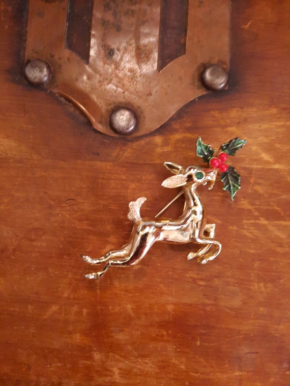 MCM Reindeer brooch. Vintage Gold tone Prancing de