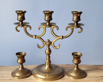Set of Brass Candleholders Candelabra plus 2 matching singles