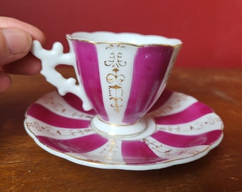 Small Circus tent tea cup and saucer Pink and gold child size teacup and saucer. Hand painted Japan. Large miniature