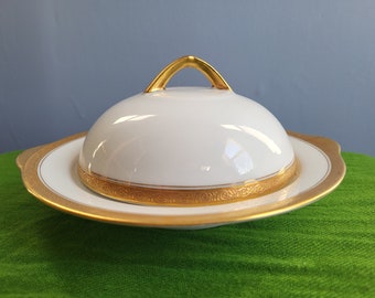 Butter Dish Pirkenhammer Czeckoslovakia 3 pieces for homemade butter, antique porcelain, bright white with gold rim, handles on dish and lid