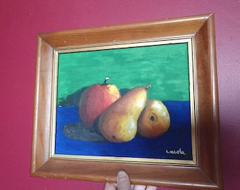 Original Vintage Pear Painting - Green and Blue Fruit - Carole signature signed art