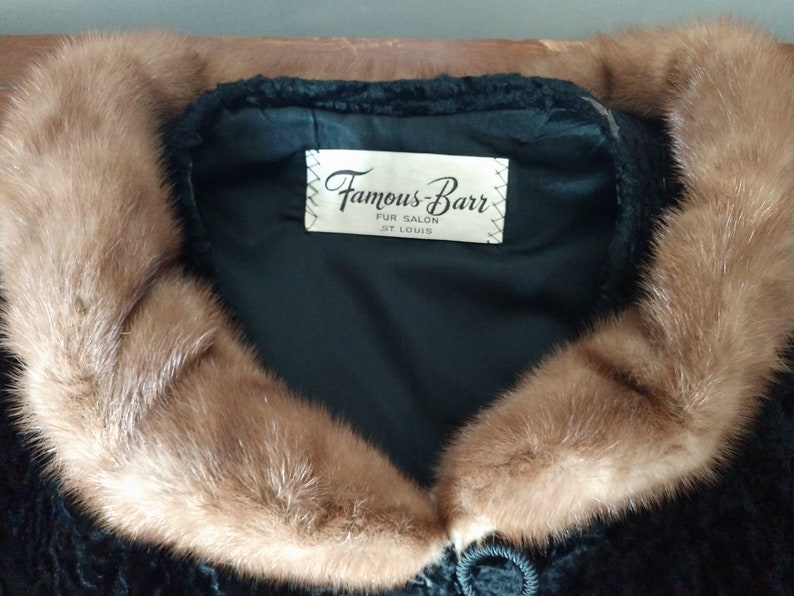 Famous Barr fur & wool coat Vintage 40s 50s black, curly, silky wool with mink collar and cuffs, 3/4 sleeves fur coat MCM gangster style image 2